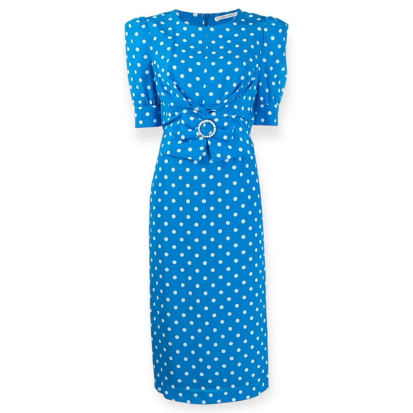 alessandra rich blue dress Alessandra Rich Belted Polka-Dot Silk Midi Dress in Azure Blue - Kate  Middleton Dresses